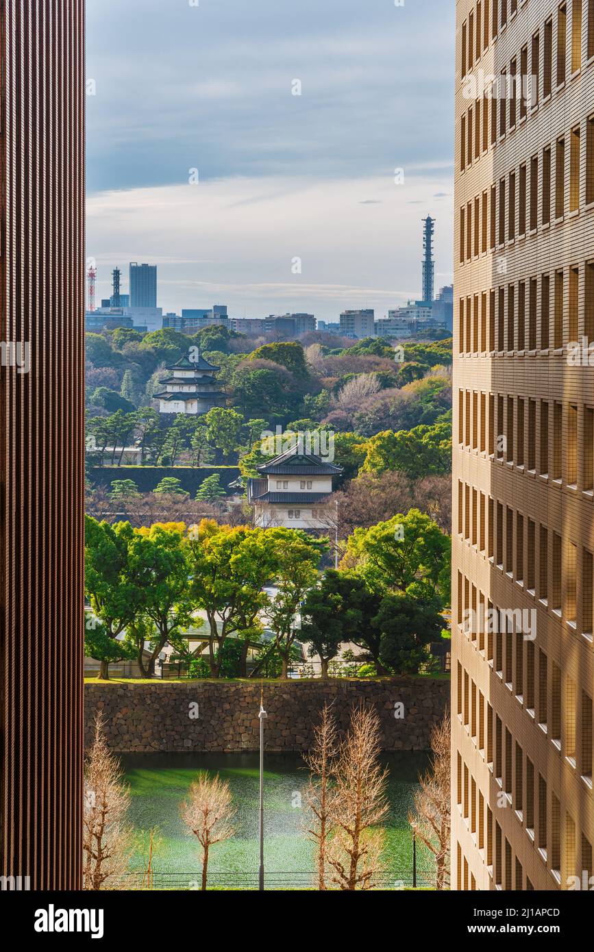 Tradition und Moderne in Japan. Blick auf die Gärten des Imperial Palace durch zwei moderne Wolkenkratzer im Zentrum Tokios Stockfoto