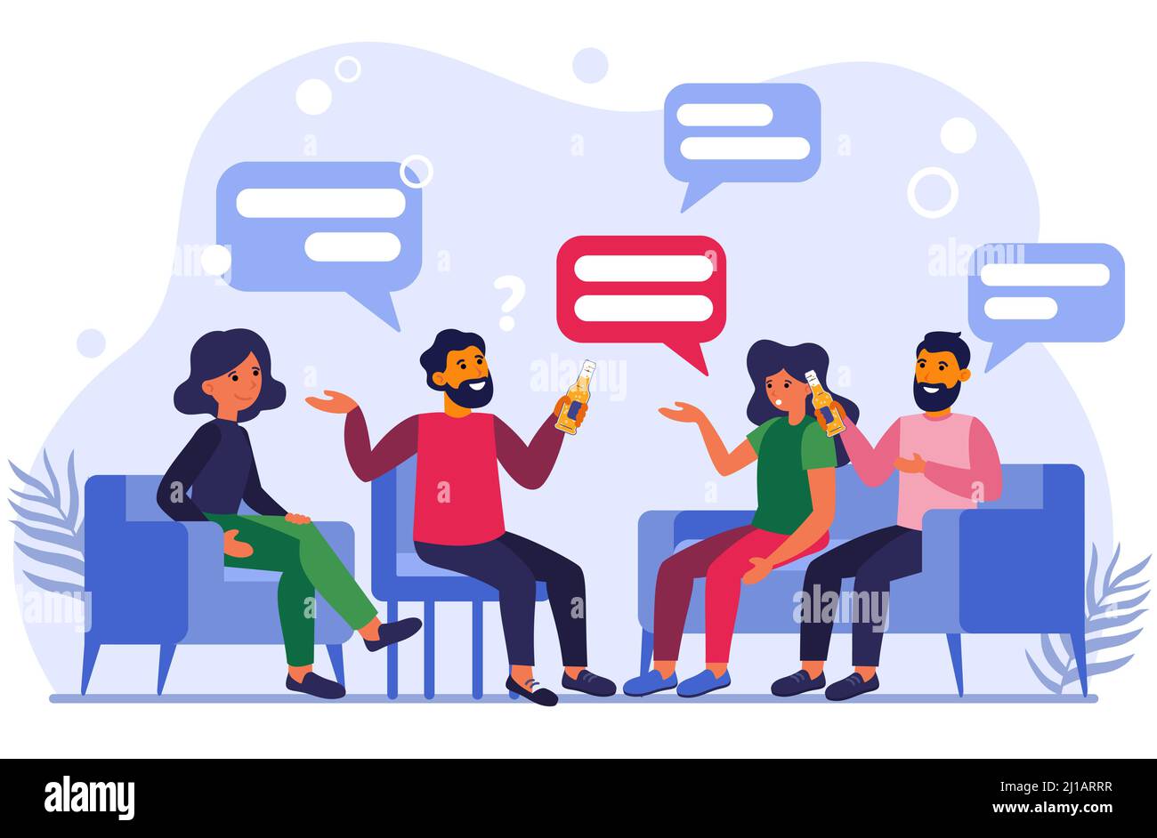 Männliche und weibliche Freunde reden und trinken Bier. Menschen sitzen auf der Party und Unterhaltung flach Vektor-Illustration. Friends Meeting Konzept f Stock Vektor