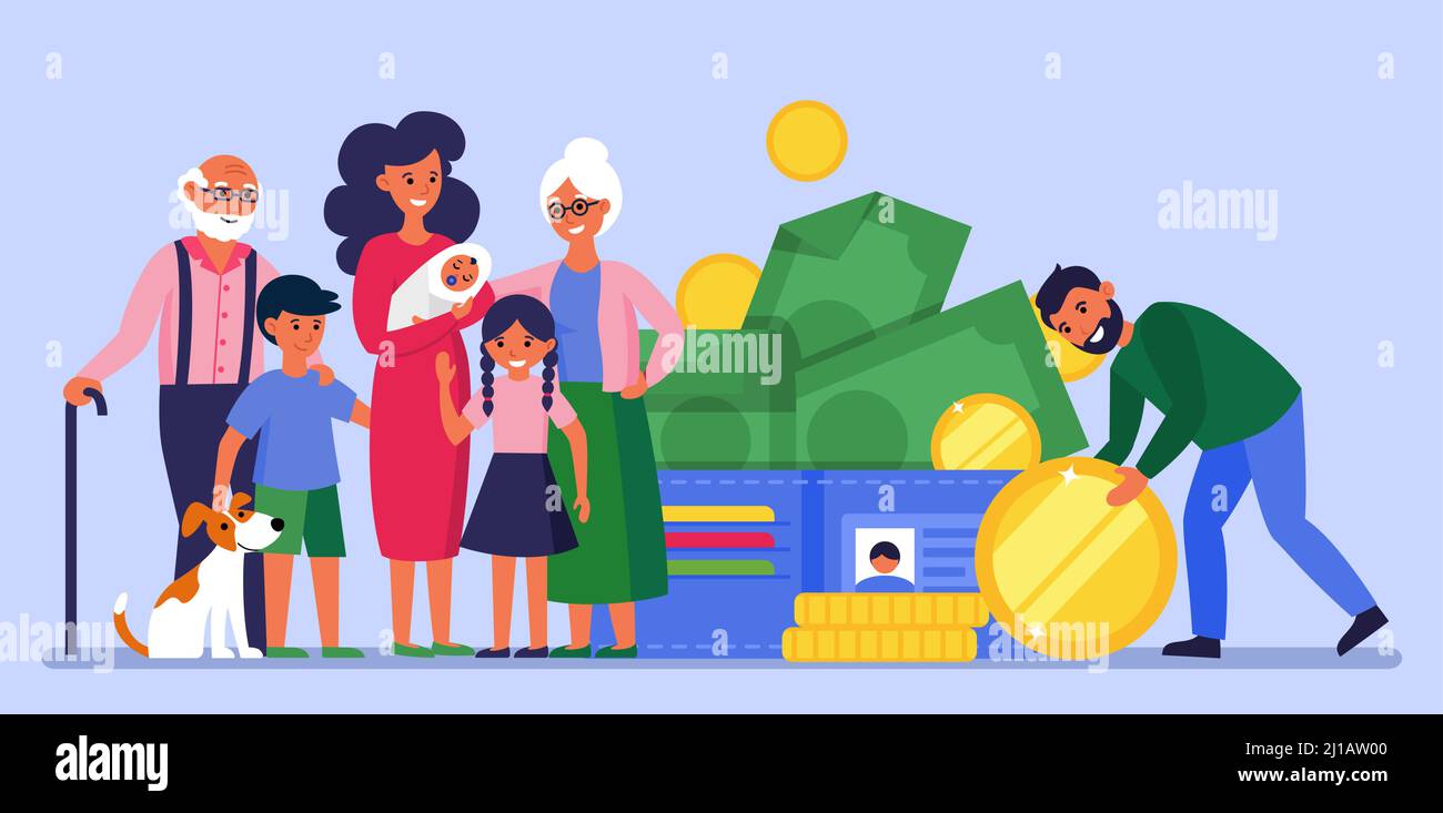 Mann spart Geld für die Familie. Eltern, Großeltern und Kinder stehen an Banknoten und Münzen flache Vektor-Illustration. Bankkonzept für Banner, Webs Stock Vektor