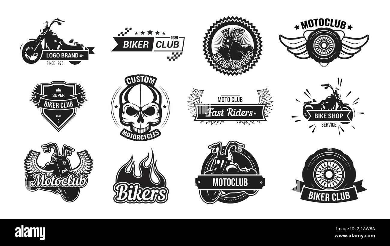 Motorrad Fahrer Club Emblem Set. Monochrome Logo-Vorlagen mit schnellen Sport-Motorrädern, Totenkopf, Rädern, Flügeln. Flache Vektorgrafik für Biker clu Stock Vektor