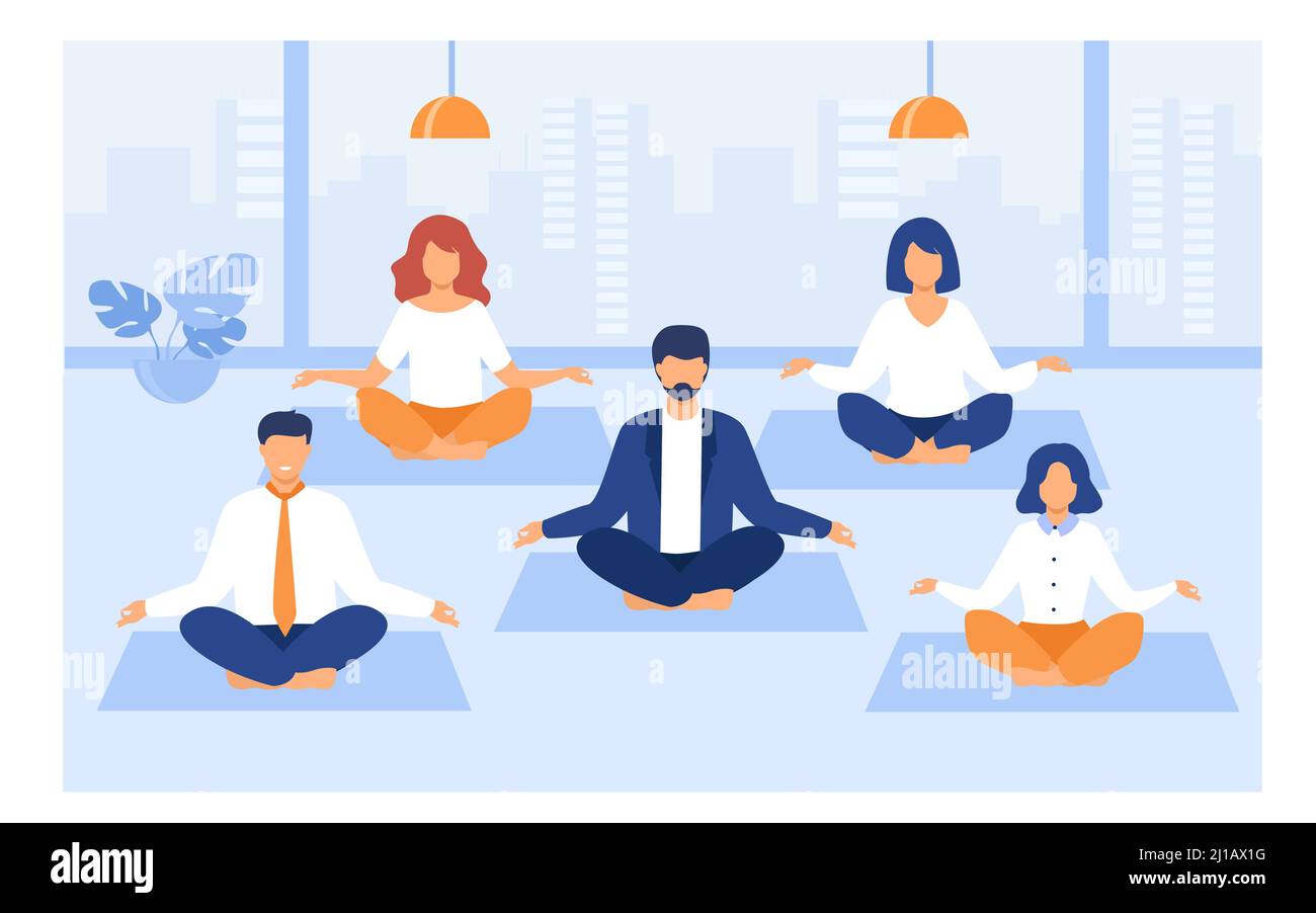 Büroleute üben Yoga und Meditation. Manager trainieren und meditieren in Lotushaltung während der Arbeitspause. Kann für Achtsamkeit, Geschäft verwendet werden Stock Vektor