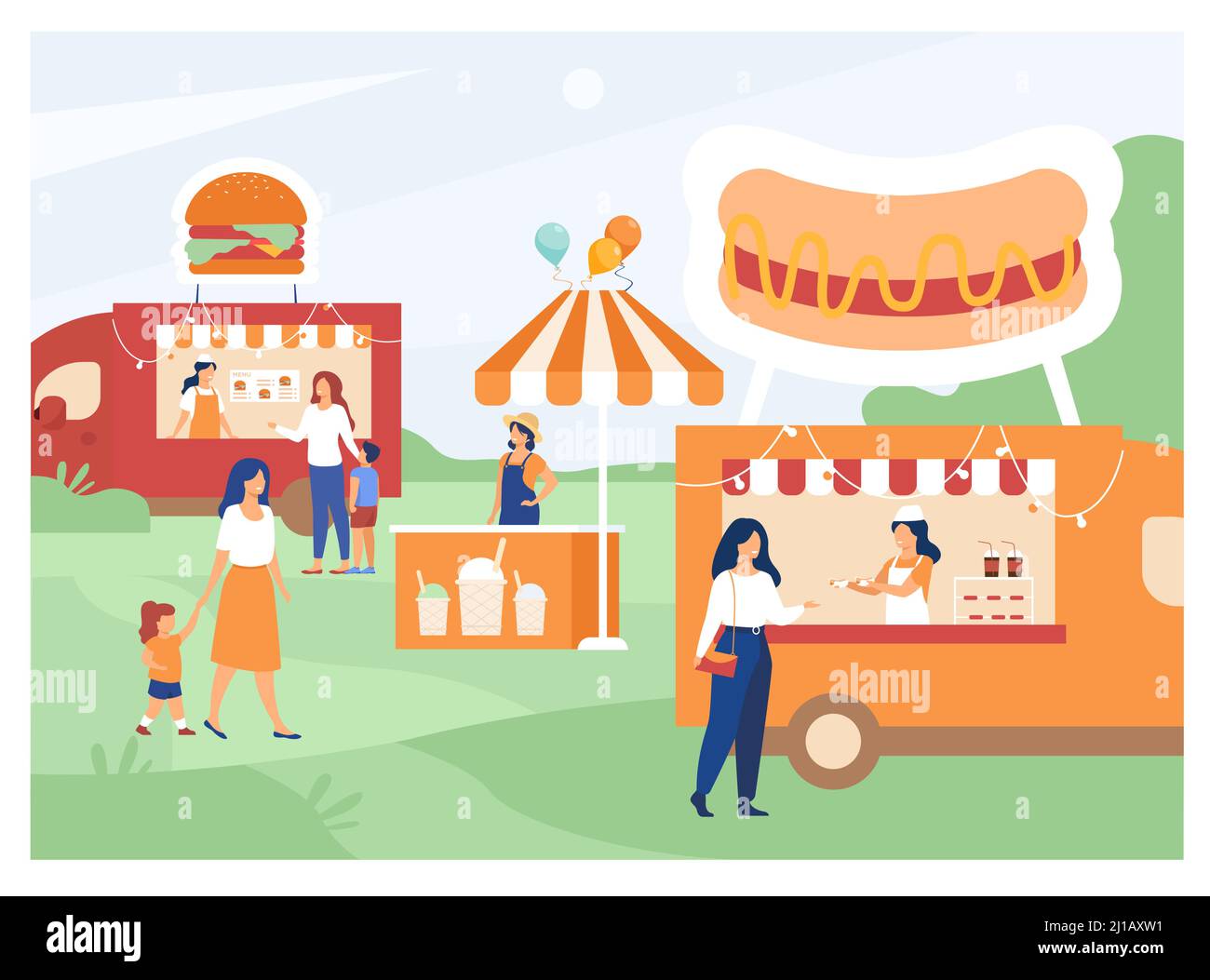 Leute, die den Street Food Fair besuchen. Eltern und Kinder kaufen Fast Food in LKWs im Freien. Kann für Sommer Food Festival, Park Event-Konzept verwendet werden Stock Vektor