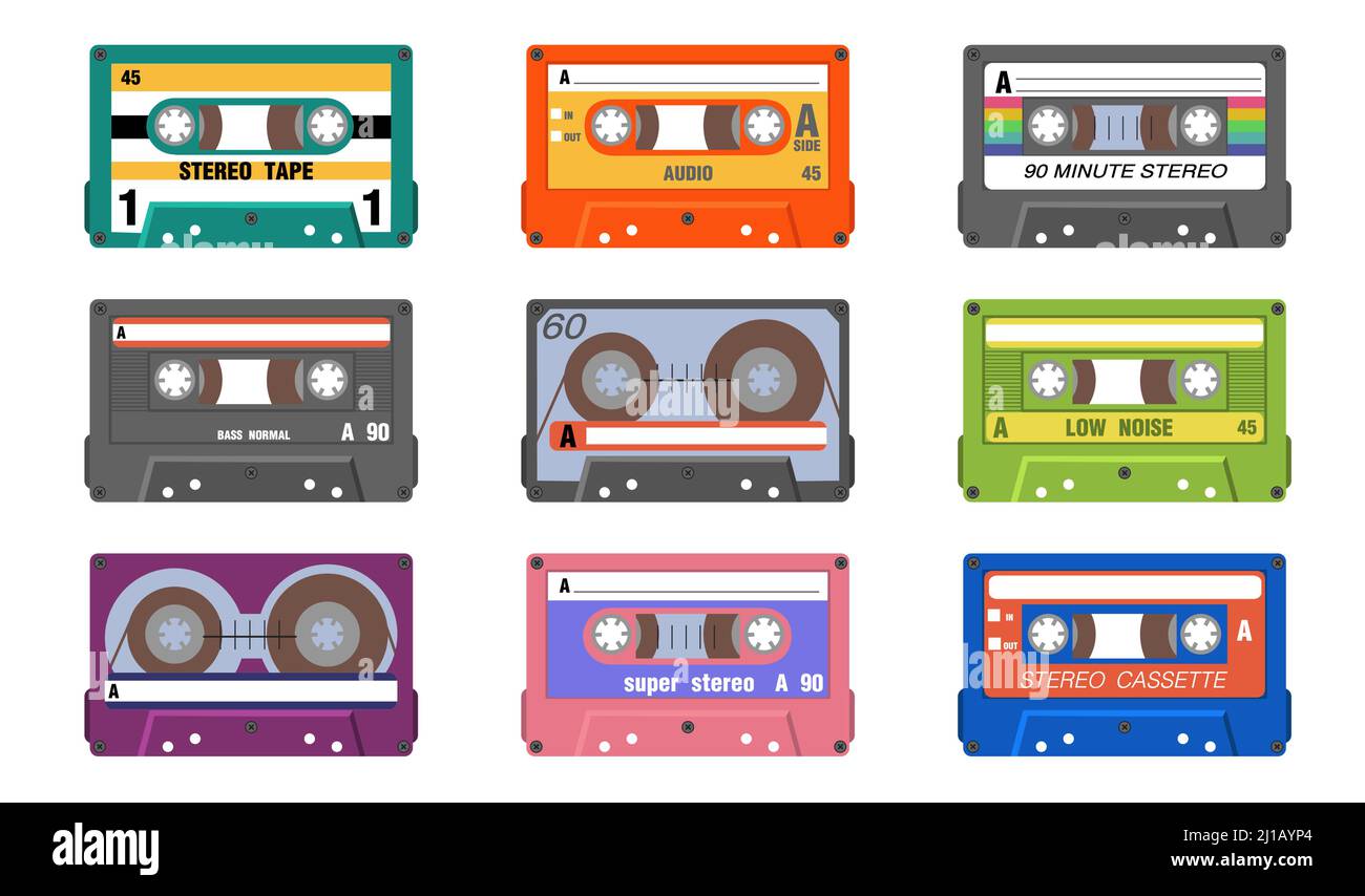 Retro Musikkassetten Set. Vintage Audio-Kassetten für Stereo-Sound-Ausrüstung. Vektor-Illustration für alte Plattentechnologie, Taped-Storage-Device-Konzept Stock Vektor