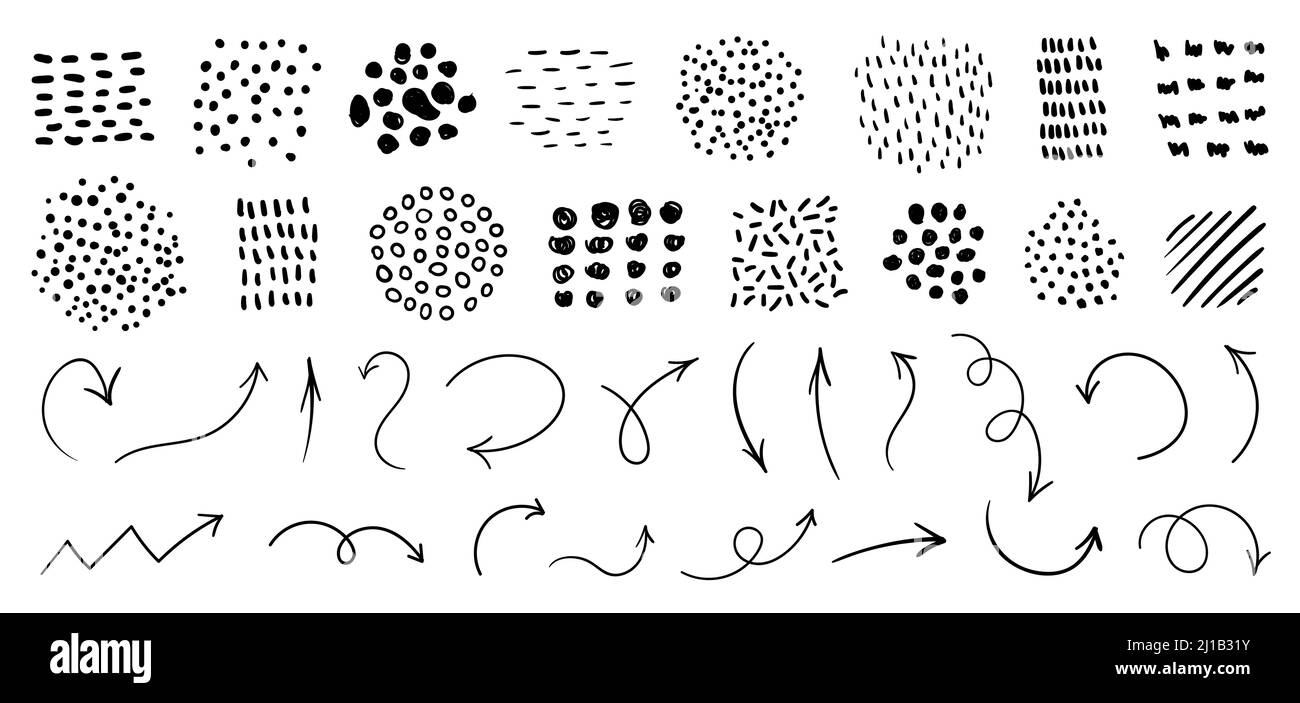 Handgezeichnete abstrakte Vektortexturen und Pfeile. Minimalistisches gepunktetes und gestreiftes Grafikmuster für kreatives Design Stock Vektor