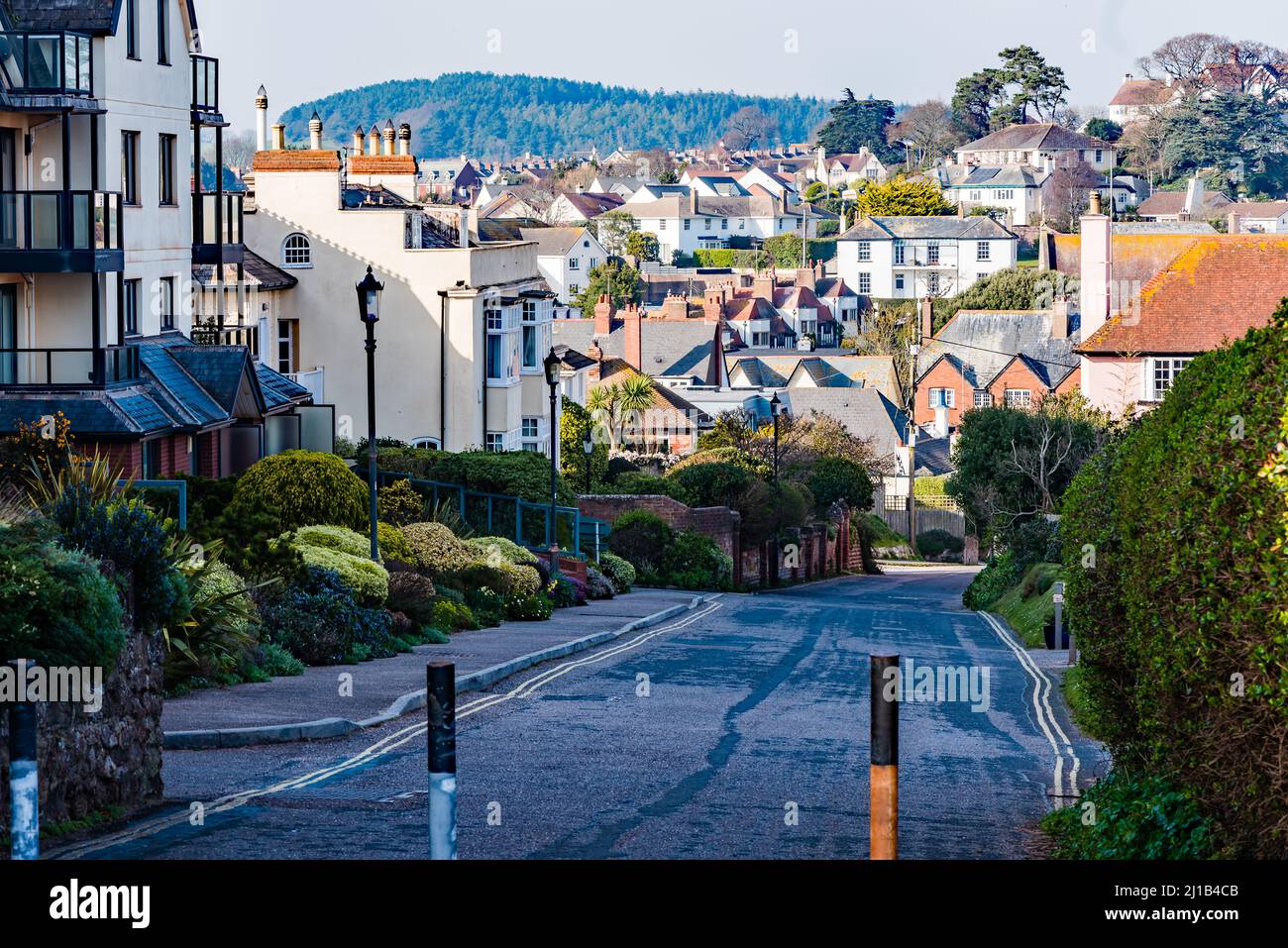 Budleigh Salterton Town. Ein Blick von der Seafront. Stockfoto