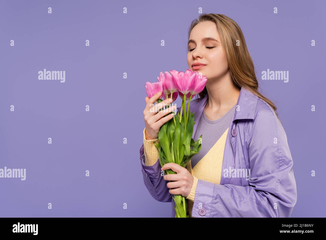 Junge Frau im Trenchcoat riechende rosa Tulpen isoliert auf lila Stockfoto