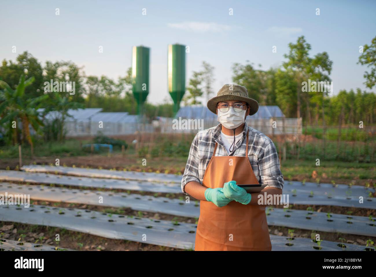 Porträt junger intelligenter Bauernhof verwendete Solarpanel-Wachstumswasser oder erneuerbare Energie Stockfoto