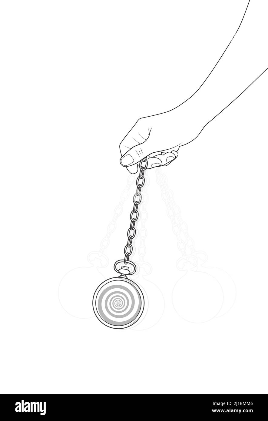 Hypnotische Taschenuhr. Stoppuhr für Hypnose. Hängende Taschenuhr mit Kette. Linie Grafik Vektor einfache Illustration Hippotismus Sitzung Uhrenstock Stock Vektor