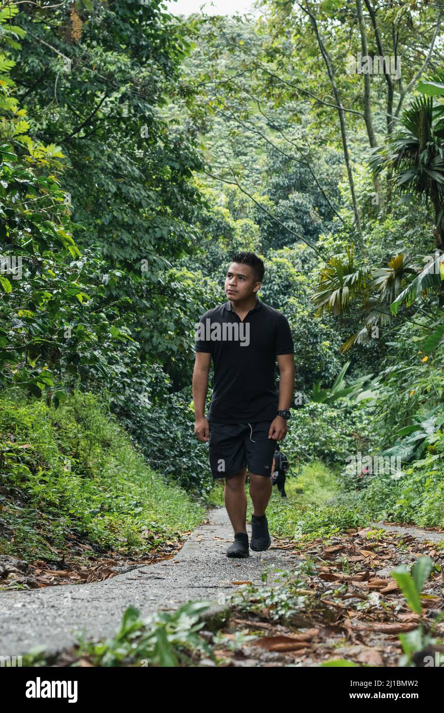 Junger latein mitten im kolumbianischen Dschungel, der auf einem Wanderweg die Natur beobachtet und von vielen Pflanzenarten umgeben ist. Wandern Co Stockfoto