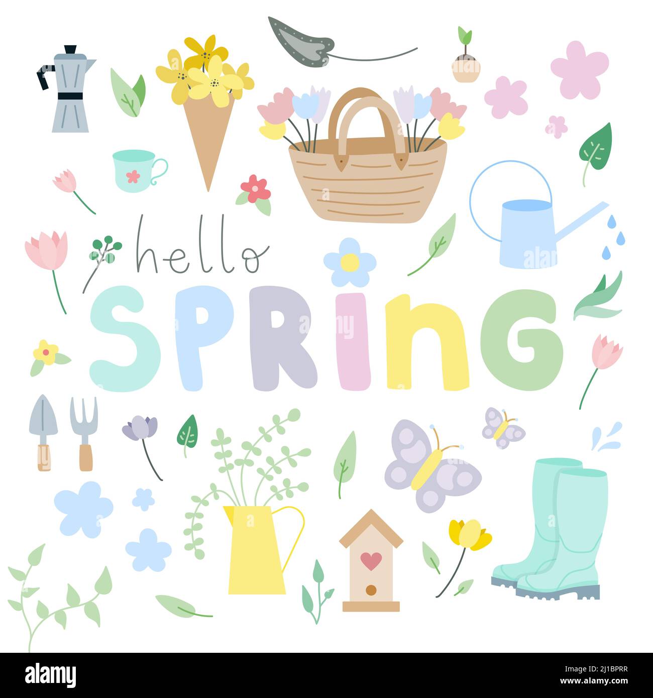 Hallo Frühling. Frühjahrssammlung mit Blumen, Pflanzen und Gartengeräten. Von Hand gezeichnet. Für Scrapbooking, Grußkarte, Einladung, Poster. Vektor Stock Vektor