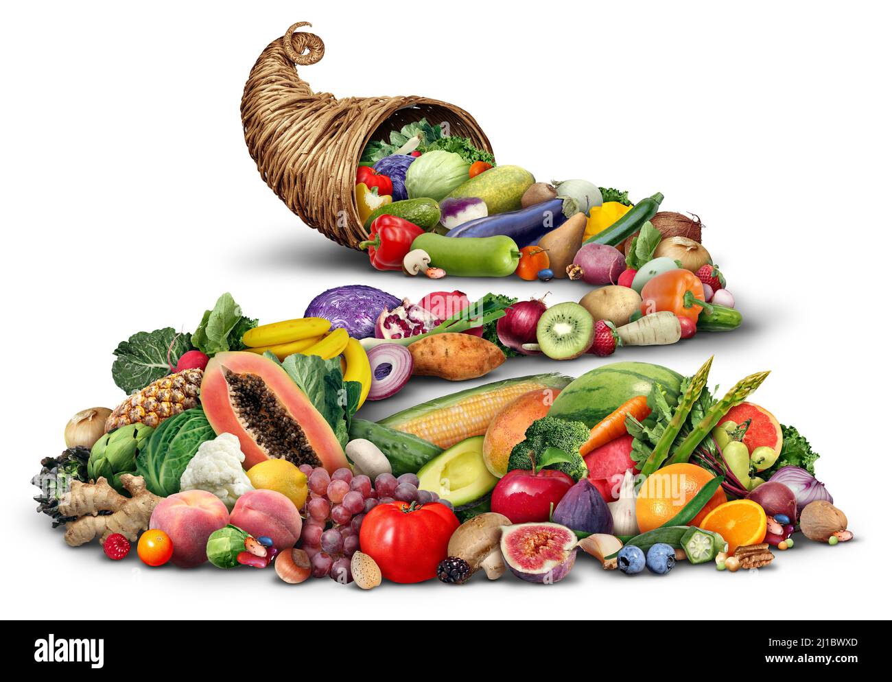 Cornucopia Horn Objekt voll von frischem Obst und Gemüse auf weißem Hintergrund als rustikale traditionelle Weide oder gewobenen Korb. Stockfoto