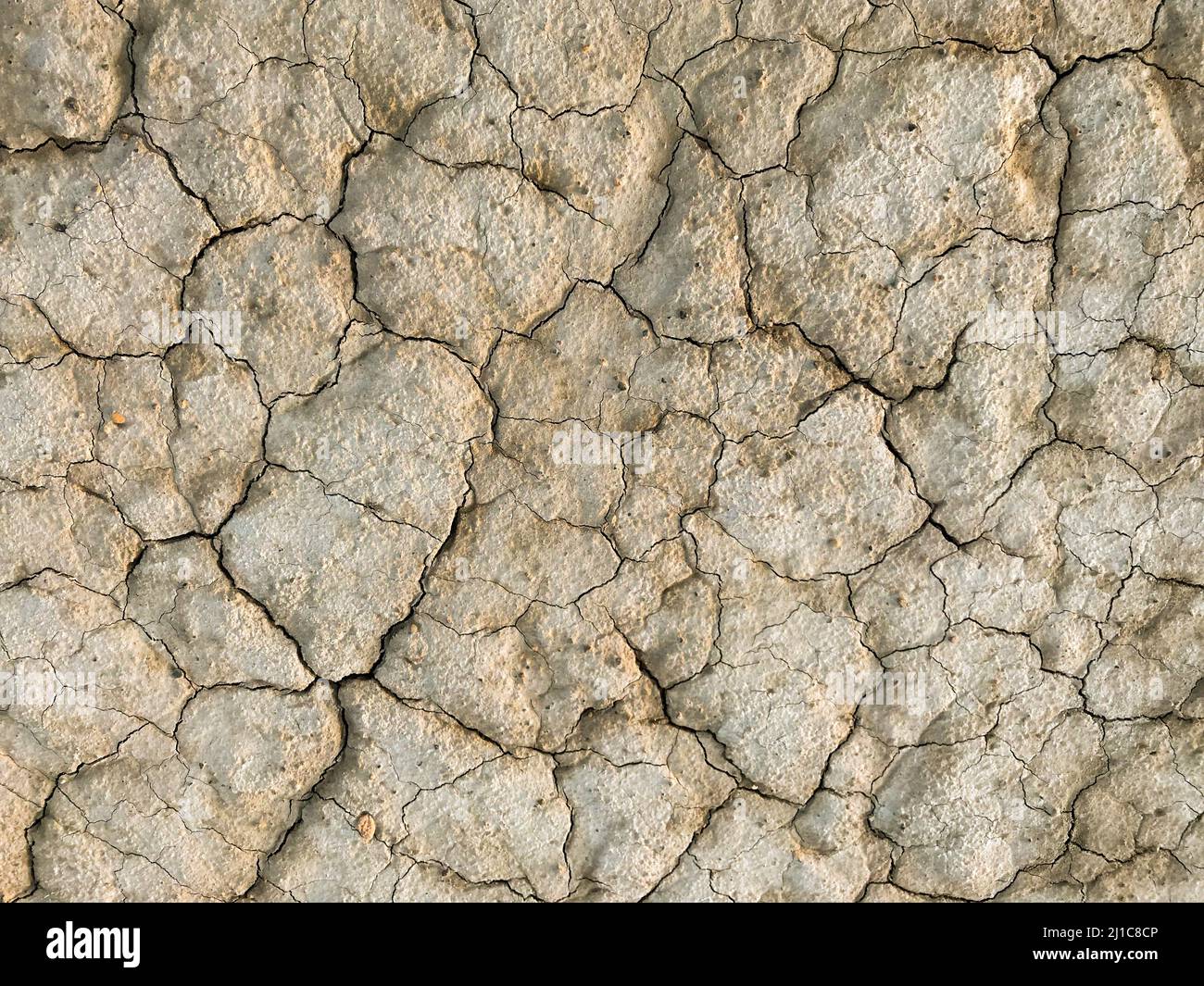 Trockene, rissige Erde. Dürre. Der ausgetrocknete Grund des Sees. Abstrakter gelber Hintergrund. Speicherplatz kopieren. Stockfoto