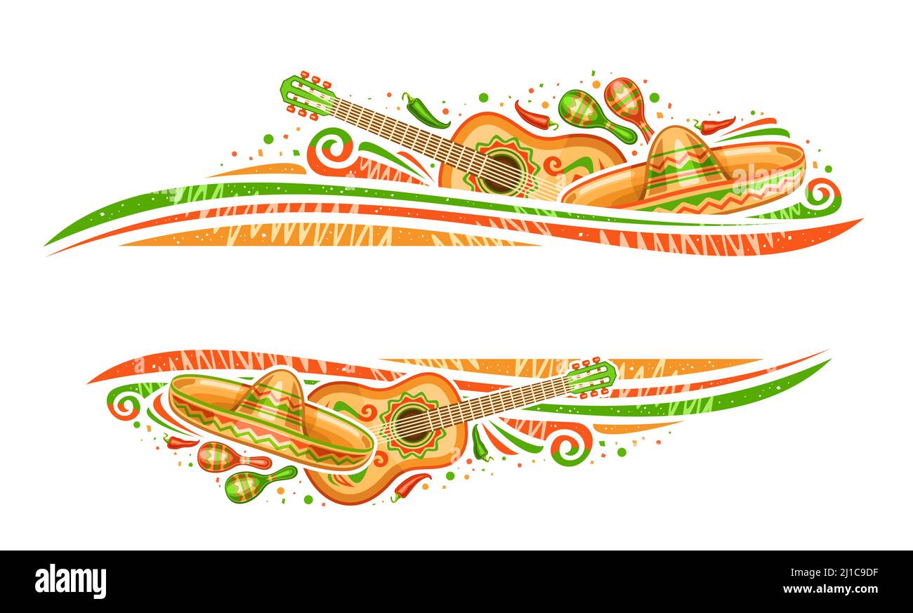 Vektorrahmen für Cinco de Mayo mit Platz für Text, dekorativer horizontaler Coupon mit Darstellung mexikanischer Musikinstrumente, rot und grün Stock Vektor