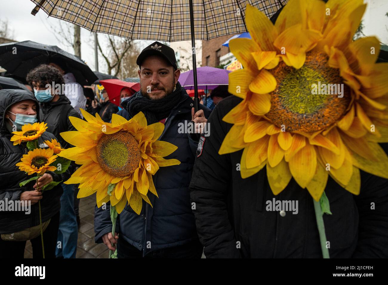 Madrid, Spanien. 24. März 2022. Bei einem Protest vor der russischen Botschaft von Madrid werden Menschen mit Sonnenblumen gesehen. Nach einem Monat der Invasion versammelten sich Menschen, um gegen die russische Invasion in der Ukraine zu protestieren und Sonnenblumen, das Symbol der Ukraine, zu tragen. Quelle: Marcos del Mazo/Alamy Live News Stockfoto