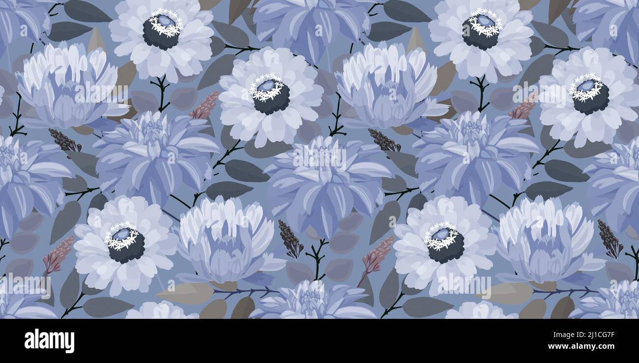Vektor-Nahtloses Blumenmuster. Illustration mit Dahlien, Zinnien und Ringelblumen. Stock Vektor