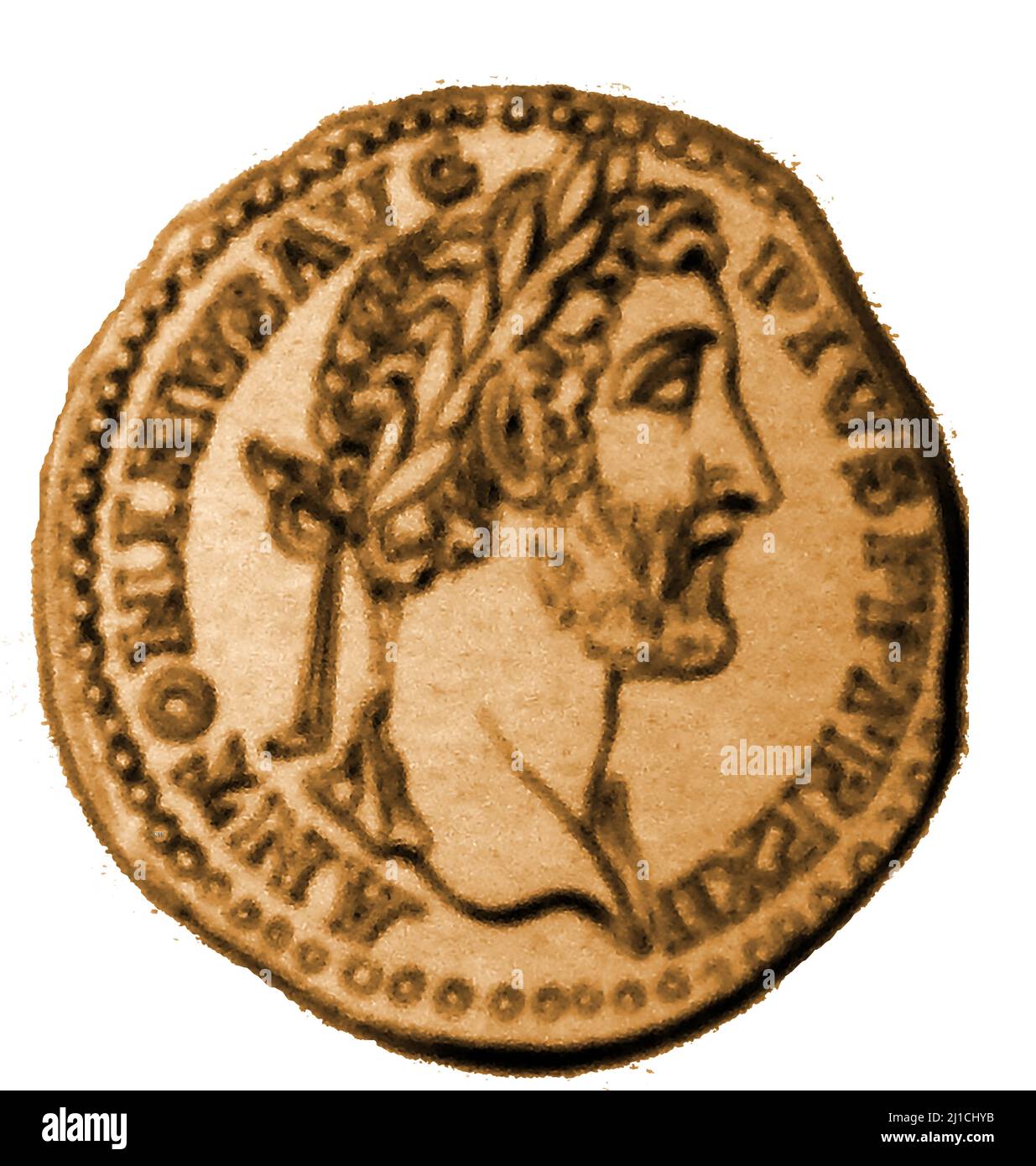 Eine Münze des römischen Imperators Antonius Pius, Titus, Aurelius fulvus (AD86-161). Er war auch bekannt unter den Namen Antoninus Pius, Caesar Titus Aelius Hadrianus Antoninus Augustus Pius, und (ursprünglich) Titus Aurelius Fulvius Boionius Arrius Antoninus, Er wurde gesagt, der vierte der „fünf guten Kaiser“ zu sein Stockfoto