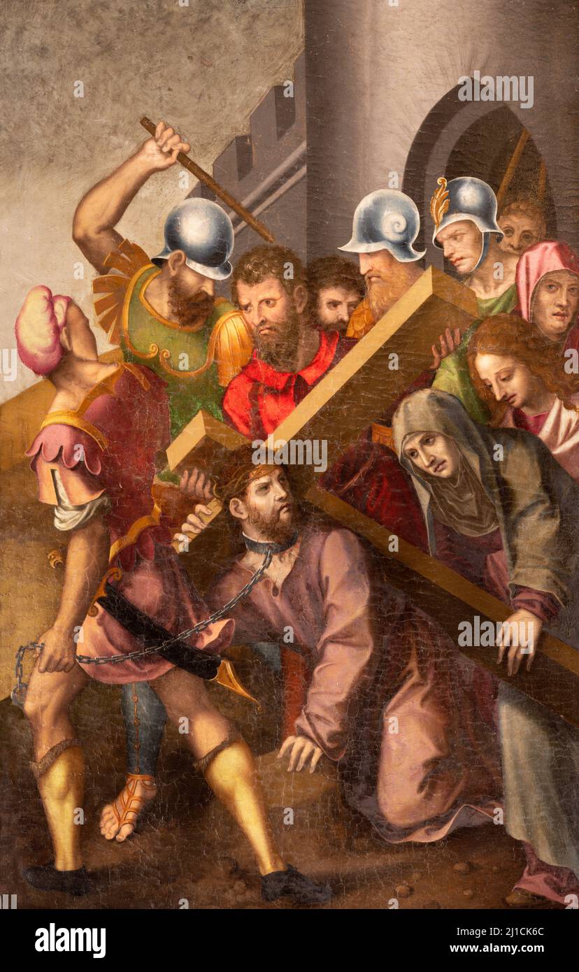 Valencia -das Bild des Sturzes Jesu unter dem Kreuz in der Kirche Iglesia San Juan del Hospital von Jeronimo Vicent Vallejo y Cosida aus dem Jahr 16. Cent. Stockfoto