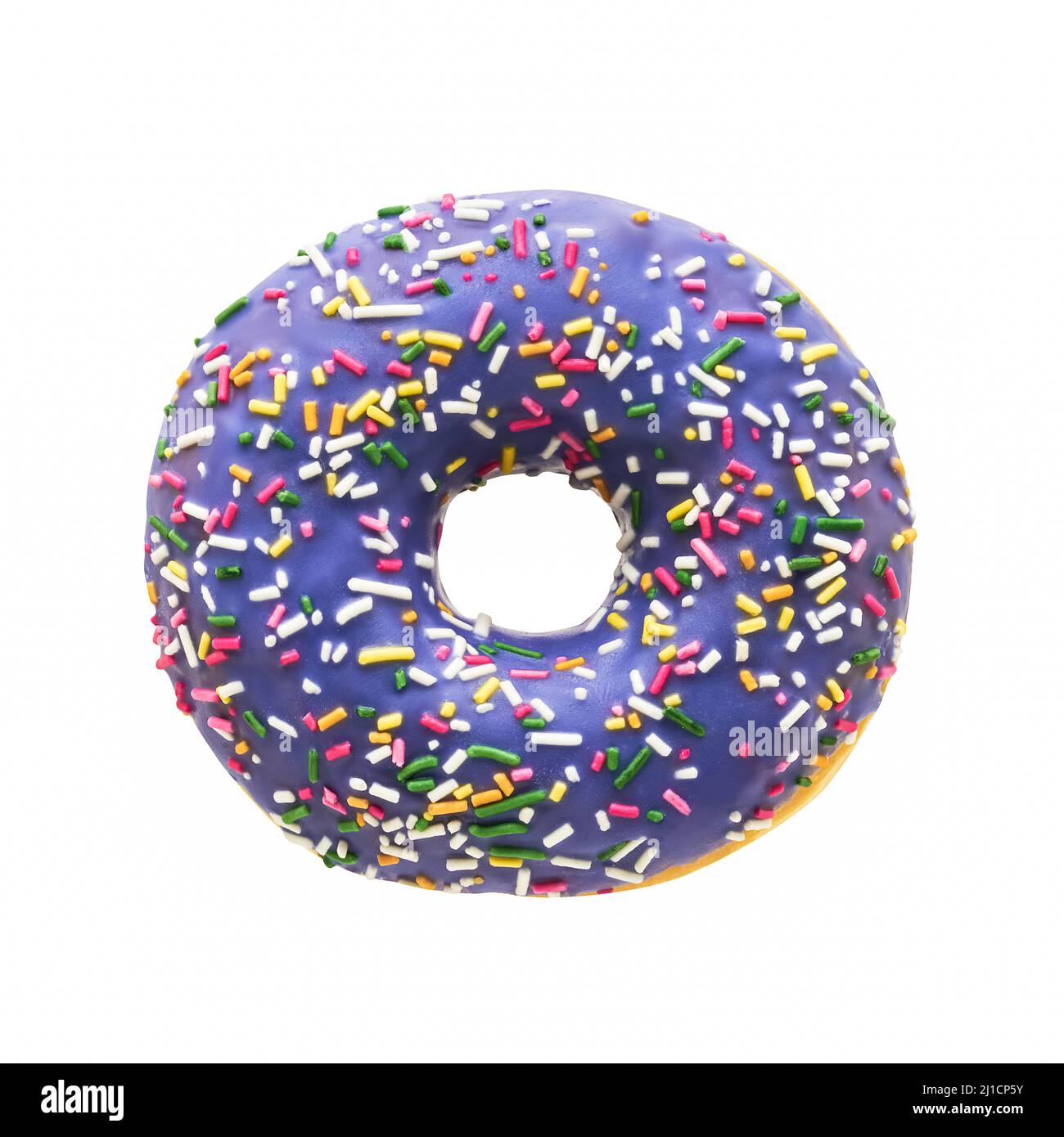 Donut in lila Glasur mit weißen Streuseln isoliert auf weißem Hintergrund mit Clipping Pfad. Draufsicht Stockfoto