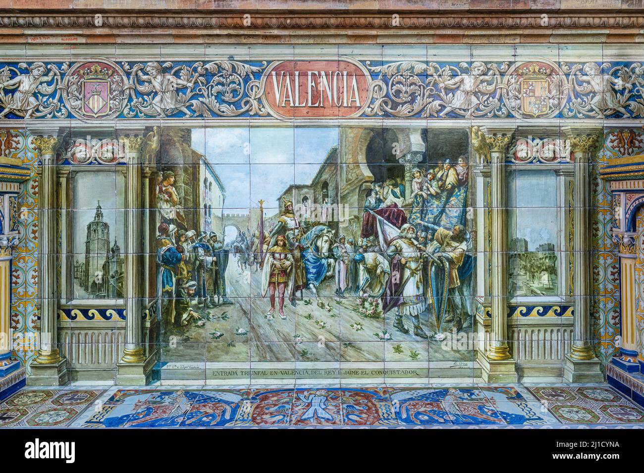 Plaza de Spain in Sevilla. Keramikfliesen mit dem Thema der Provinz Valencia, in Spanien. Stockfoto