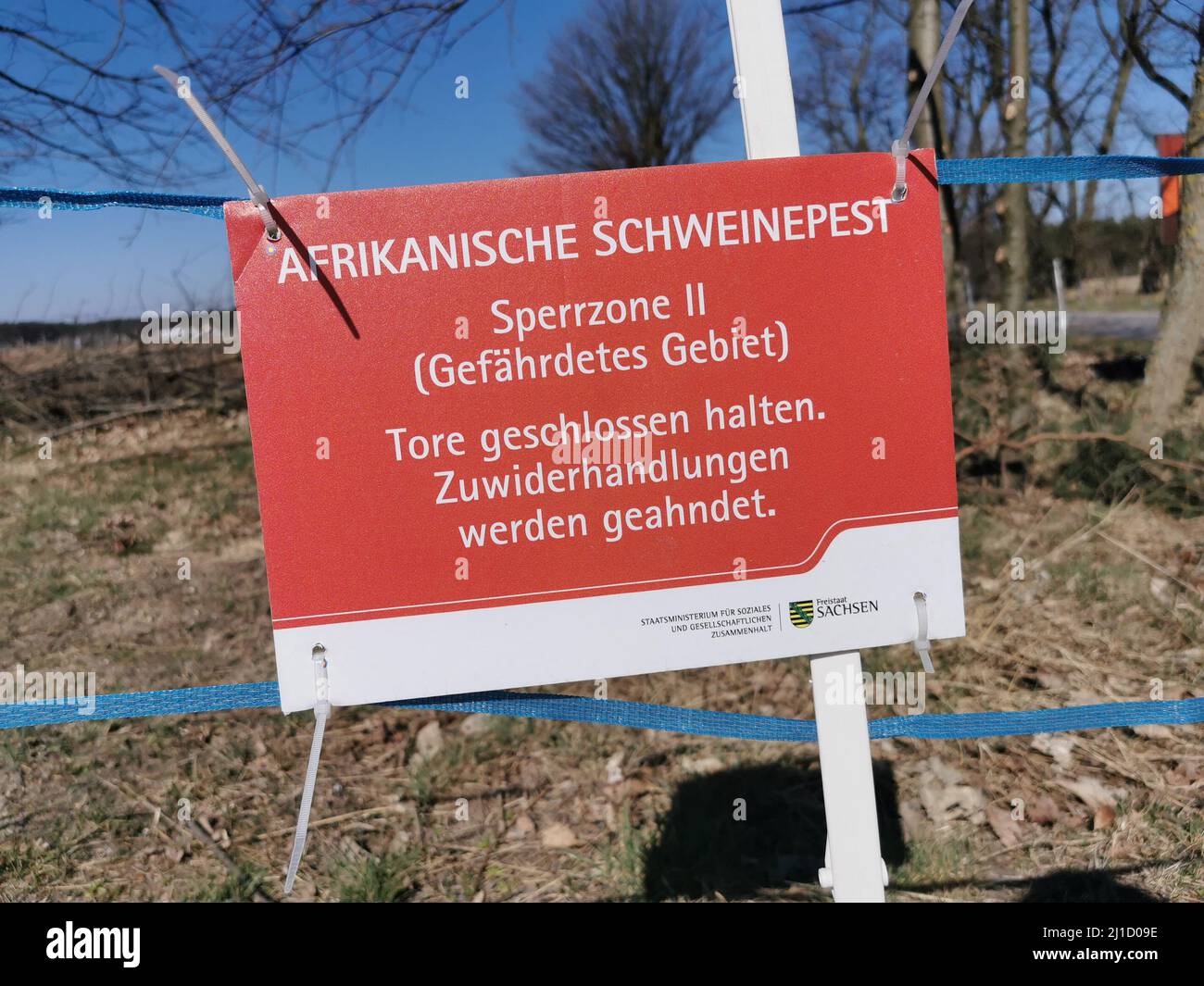 Ein Hinweisschild mit der Aufschrift Afrikanische Schweinepest bei Wildschweinen - Sperrzone - gefährliches Gebiet. (Themenbild, Symbolbild) Zentendorf Stockfoto