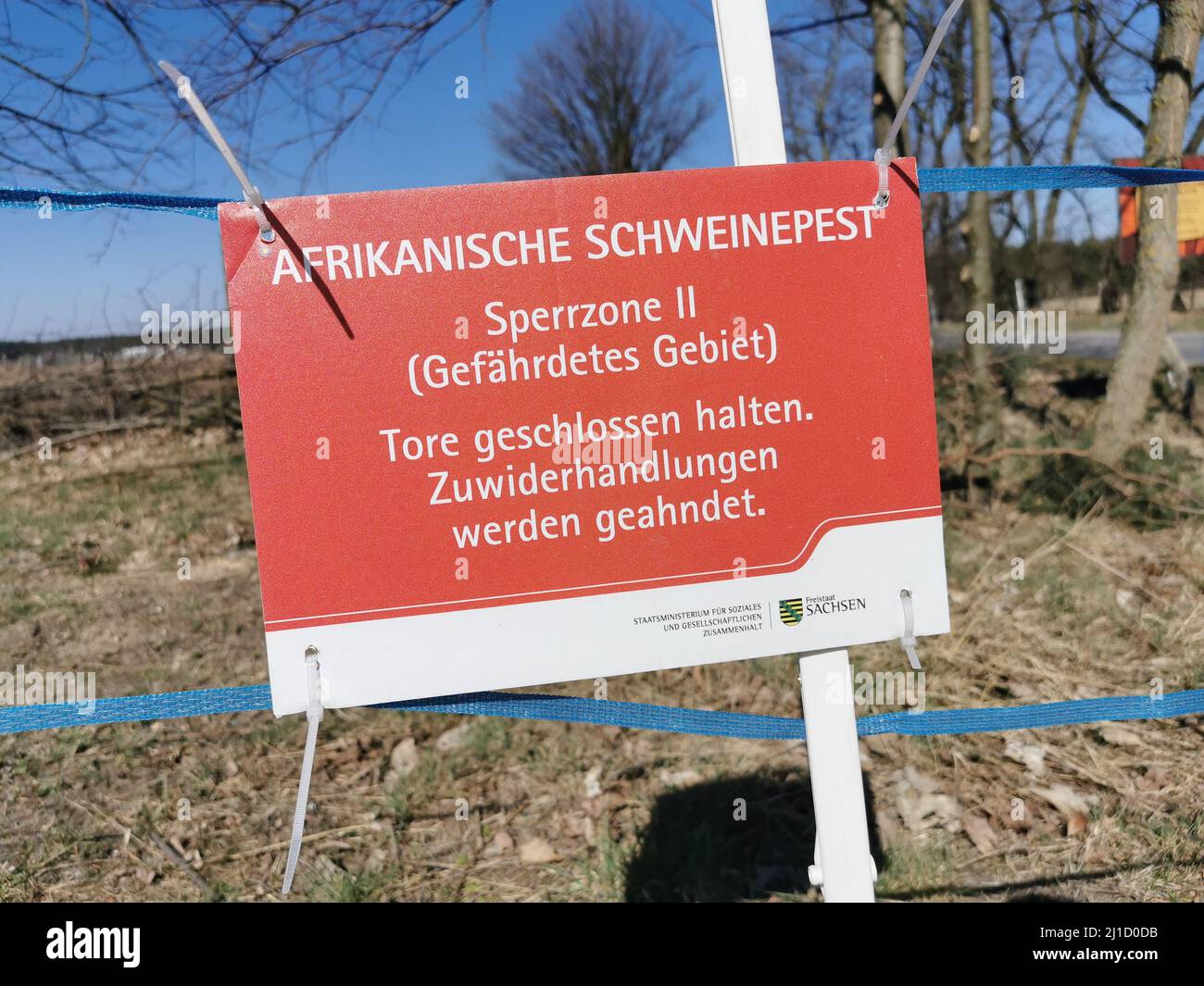 Ein Hinweisschild mit der Aufschrift Afrikanische Schweinepest bei Wildschweinen - Sperrzone - gefährliches Gebiet. (Themenbild, Symbolbild) Zentendorf Stockfoto