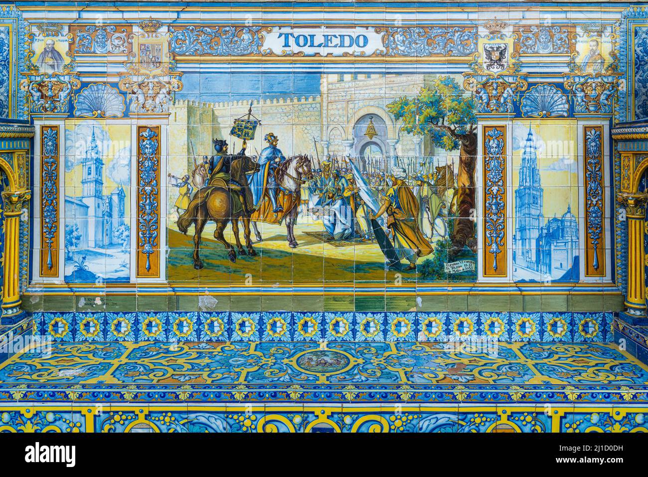 Keramikfliesen an der Plaza de Espana in Sevilla mit dem Thema der Provinz Toledo in Spanien Stockfoto