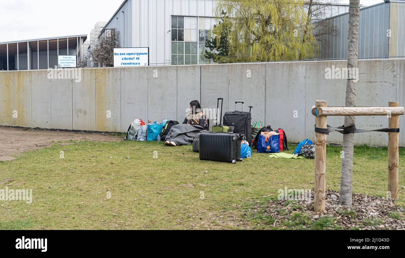 Brüssel, Belgien - 24. März 2022: Flüchtling aus der Ukraine vor einem Einwanderungsamt Stockfoto