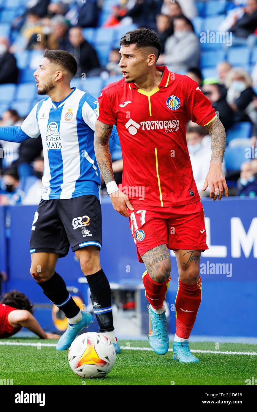 BARCELONA - MÄR 5: Mathias Olivera in Aktion während des La Liga-Spiels zwischen RCD Espanyol und Getafe CF am 5. März 2022 im RCDE-Stadion in Barce Stockfoto