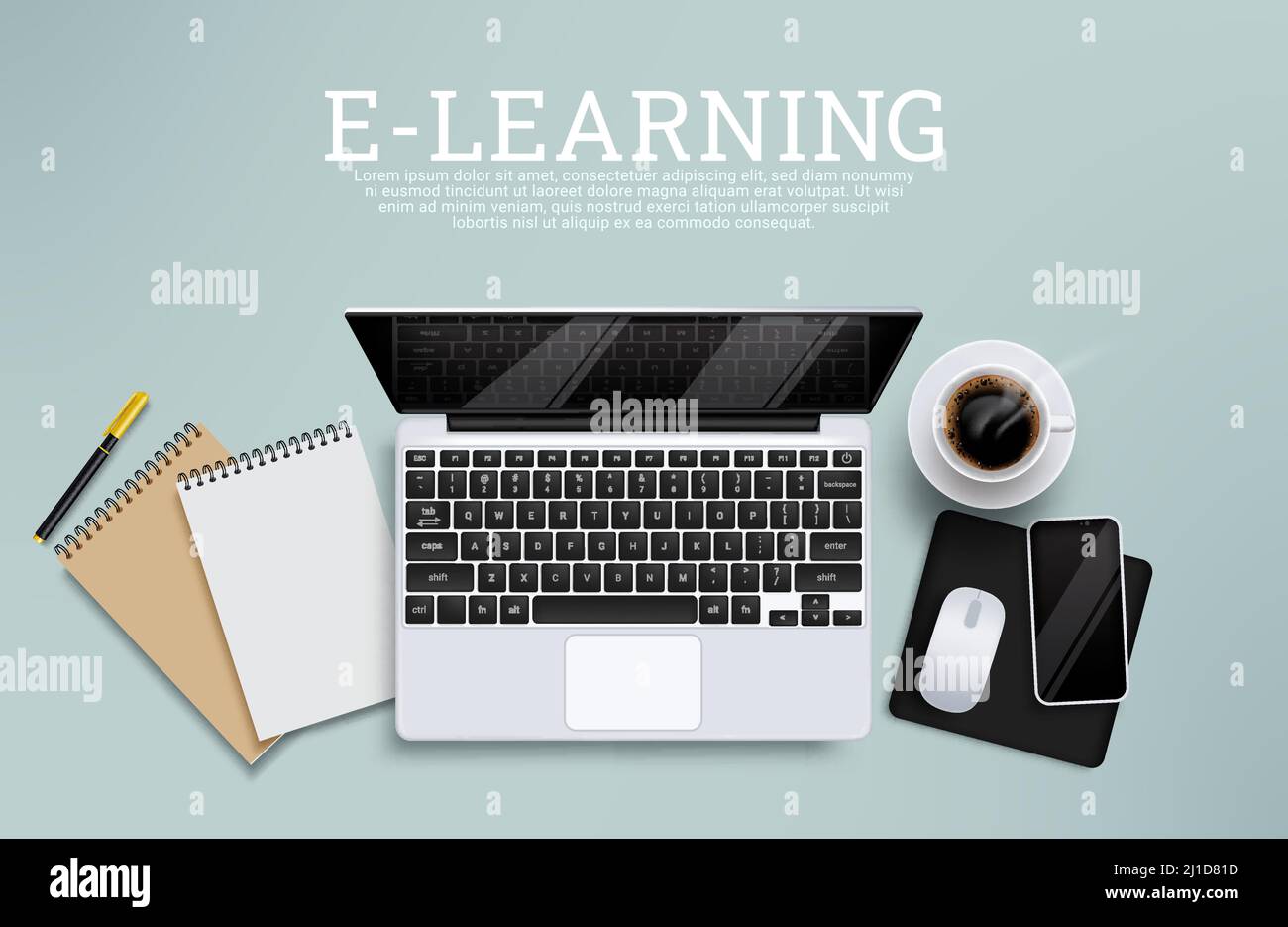 ELearning-Vektordesign für den Bildungsbereich. E-Learning-Text mit digitalen Geräteelementen für Laptops und Telefone für Fernschulungskurse. Stock Vektor