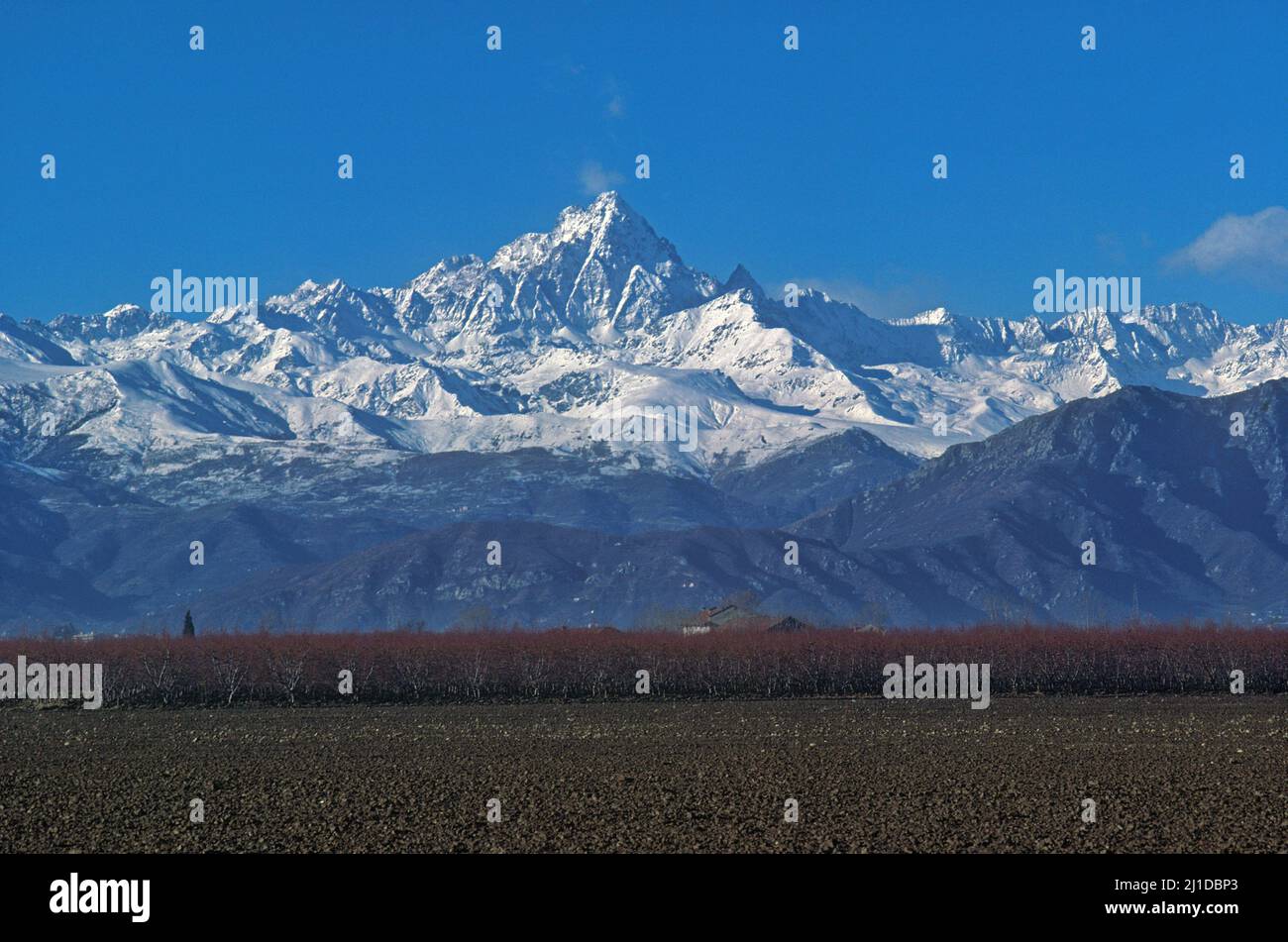 Monte Viso von außerhalb von Saluzzo aus gesehen. Stockfoto