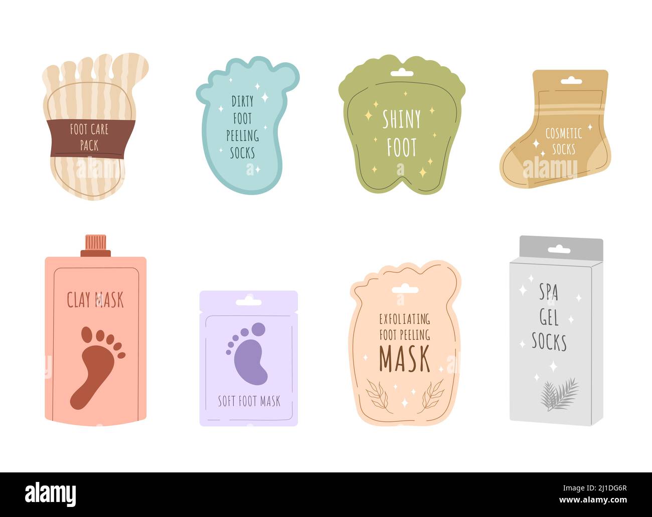 Fußmaske Kollektion. Hautpflegekonzept. Socken für feuchtigkeitsspendende Füße. Morgendliche Routine. Badezeit. Handgezeichnetes Beauty-Produkt für Spa. Vektor Stock Vektor