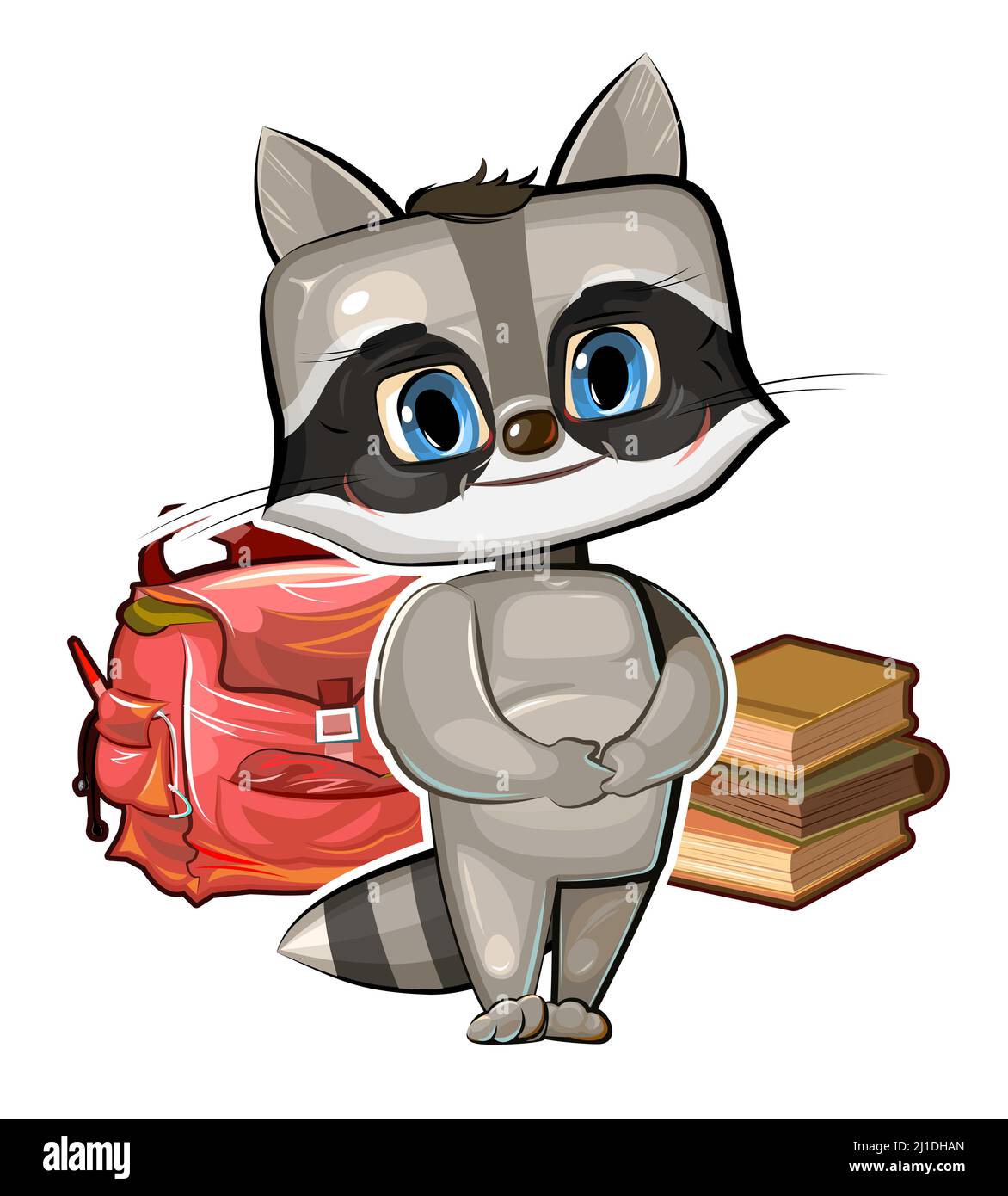 Der kleine Raccoon will zur Schule gehen. Rucksack und Bücher. Ein niedliches Baby träumt vom Lernen. Bild im Cartoon-Stil. Isoliert über weißem Backgro Stock Vektor