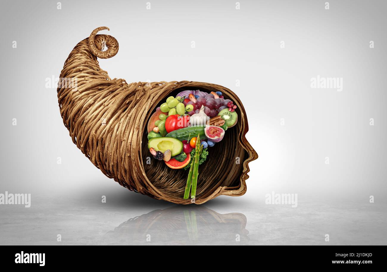 Obst und Gemüse gesundes Leben als Cornucopia-Horn-Objekt in Form eines menschlichen Kopfes und Gehirns in einem 3D-Illustrationsstil. Stockfoto