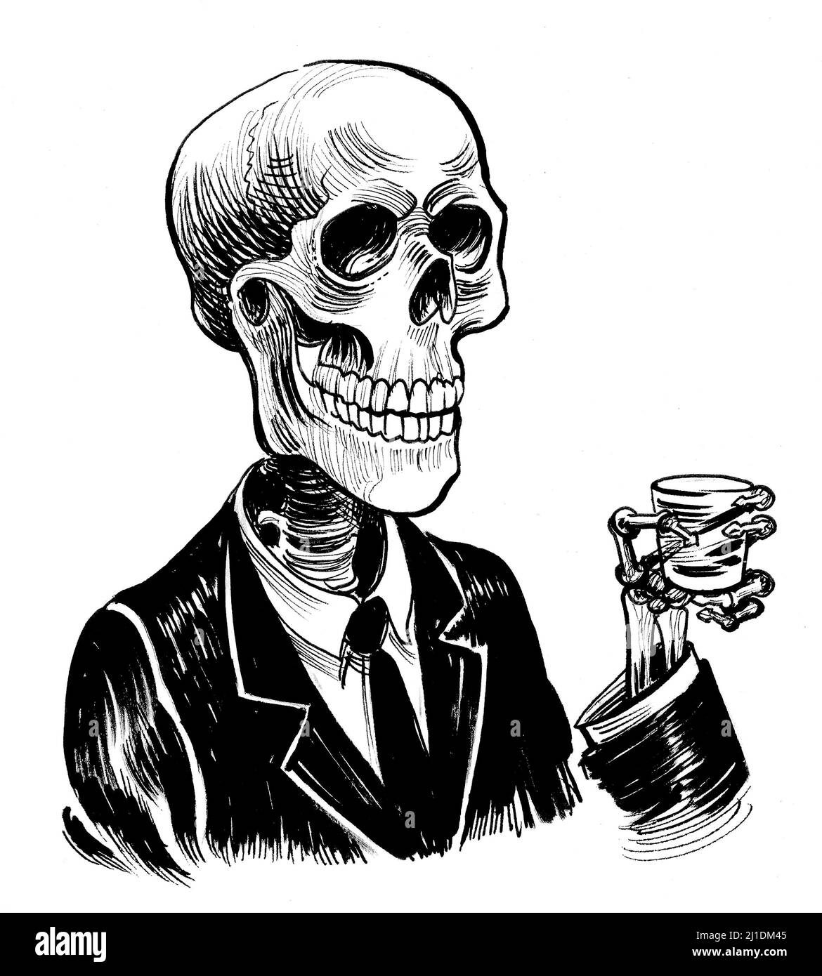 Menschliches Skelett mit einem Glas Whiskey. Tinte schwarz-weiß Zeichnung Stockfoto