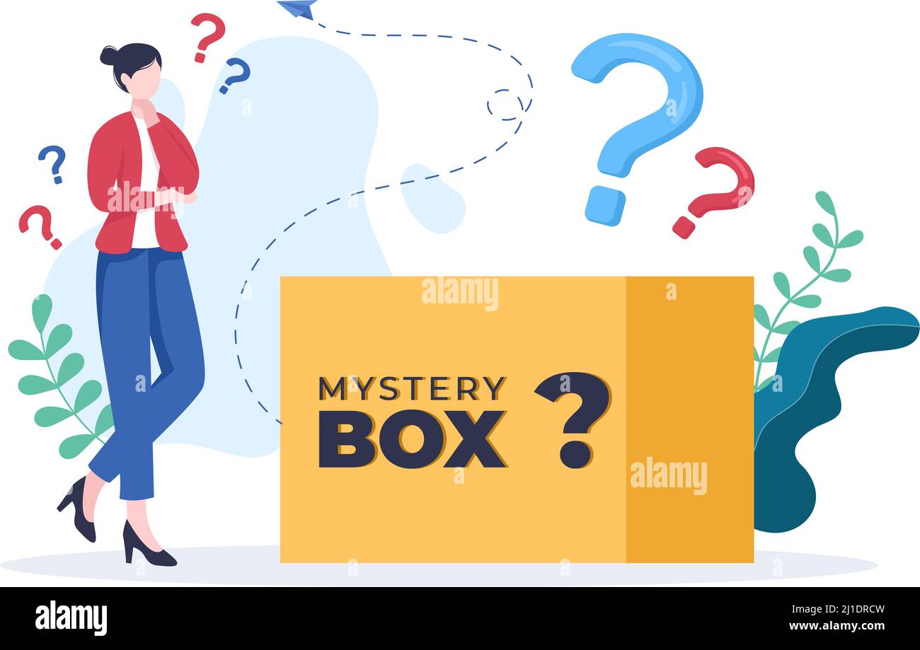 Mystery Geschenkbox und verwirrt Frau eine Kartonbox Öffnen Sie innen mit einem Fragezeichen, einem Glücksgeschenk oder einer anderen Überraschung in Flat Cartoon Style Illustration Stock Vektor