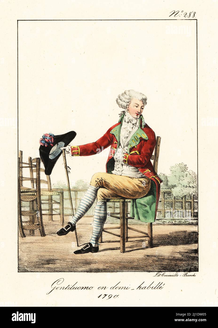 Französischer Dandy in informeller Tracht, revolutionäre Ära. Er trägt  einen dreifarbigen Kakadu, eine Perücke, einen roten Mantel, eine Weste,  eine Buff-Hose, Gestreifter Schlauch, Schnallenschuhe und Stock. Kostüm  Demi-Habille, 1790. Handkolorierte ...