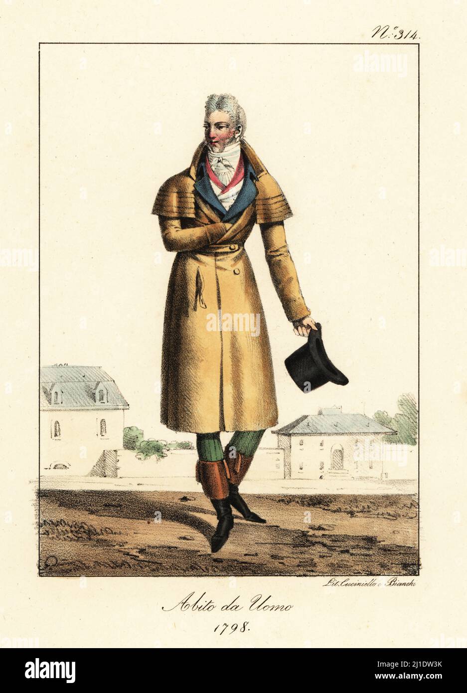 Modischer Mann oder Incroyable, Directoire-Ära, 1798. Im Mantel des Kutschers mit fünf Umhänge, hohem Kragen, Krabben, Gilet, Schlauch, Stiefel in Wadenlänge, mit Zylinderhut. Costume d’homme. Handkolorierte Lithographie von Lorenzo Bianchi und Domenico Cuciniello nach Hippolyte Lecomte aus Costumi civili e militari della monarchia francese dal 1200 al 1820, Neapel, 1825. Italienische Ausgabe von Lecomtes zivilen und militärischen Kostümen der französischen Monarchie von 1200 bis 1820. Stockfoto