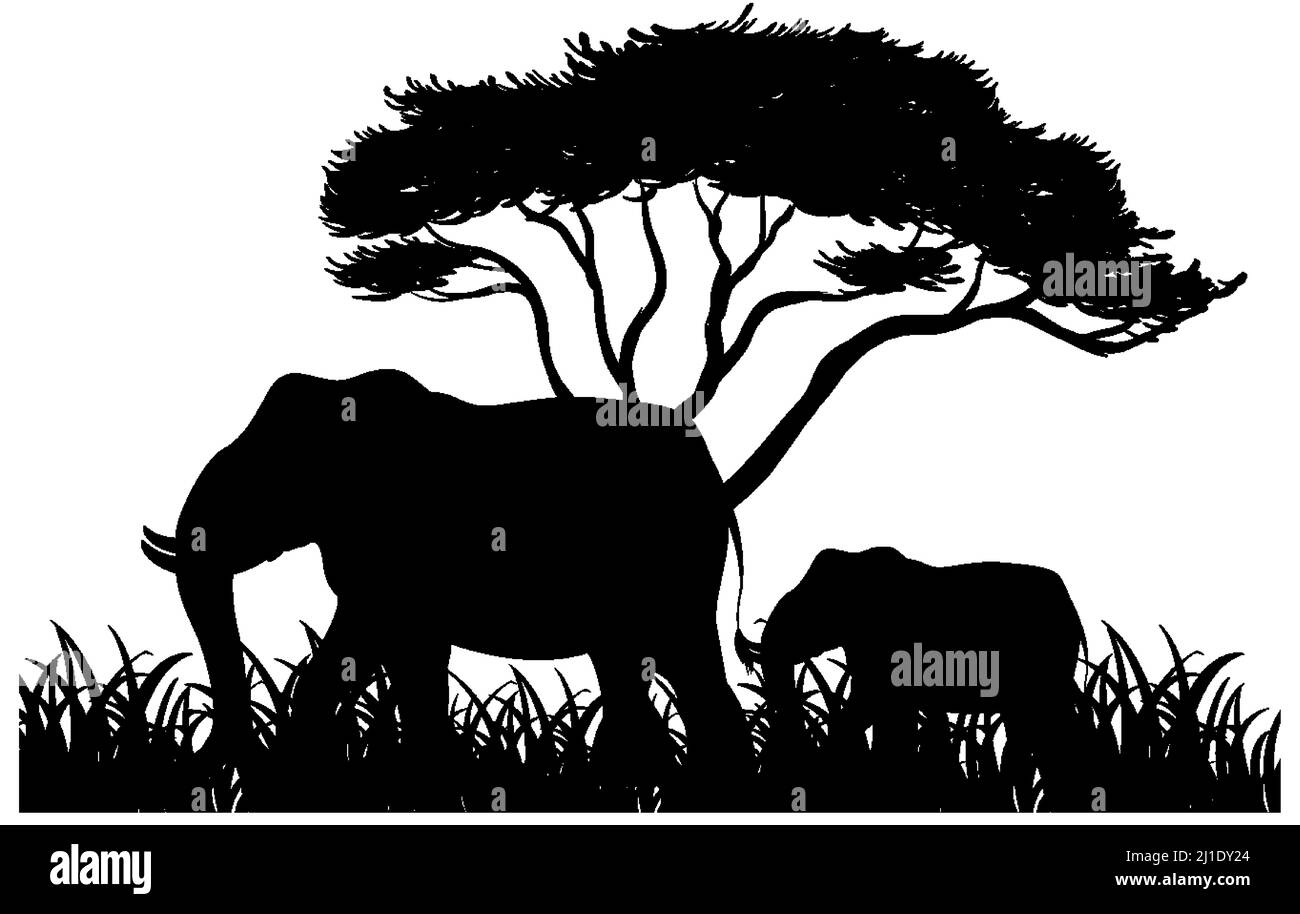 Silhouette Elefant in Natur weiß Hintergrund Illustration Stock Vektor