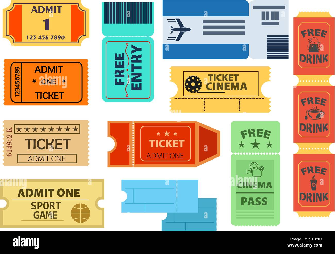 Karten Illustration Set. Papier, Pass, Gutschein. Zugangskonzept. Kann für Themen wie Kino, Flugzeug, Sportspiel verwendet werden Stock Vektor
