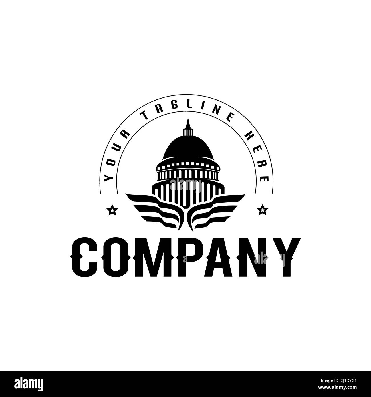 Abbildung eines Adler-Flügel-Hypothekenwappens mit amerikanischem weißen Gebäudelogo. American Eagle Real Estate Logo Vorlage. Stock Vektor