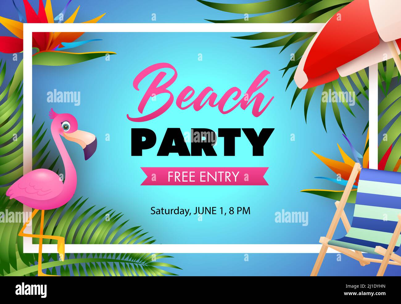 Strand Party Poster Design. Pink Flamingo, Strandstuhl, Sonnenschirm, Palmblätter und Text im Rahmen auf blauem Hintergrund. Vektorgrafik kann für verwendet werden Stock Vektor