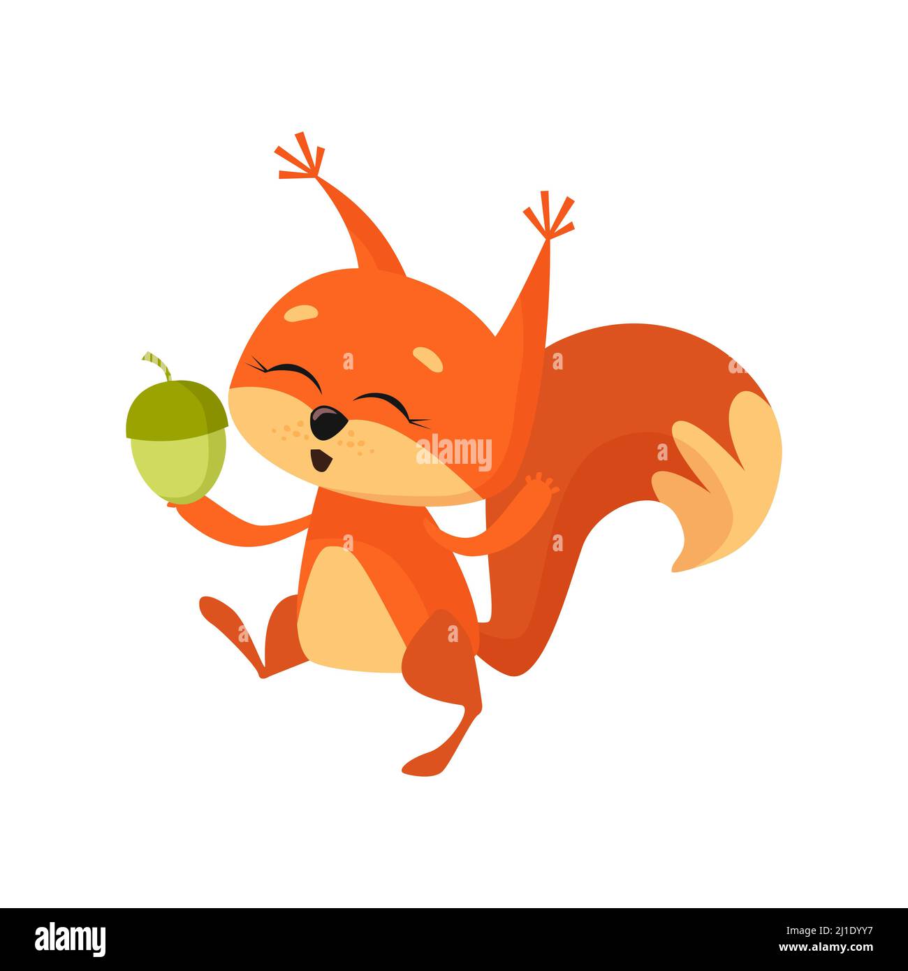 Fröhlich niedlichen Eichhörnchen hält Mutter und tanzen. Zeichentrickfigur, Tier, Lebensmittel. Kann für Themen wie Wald, Tierwelt, Spaß, Freude verwendet werden Stock Vektor