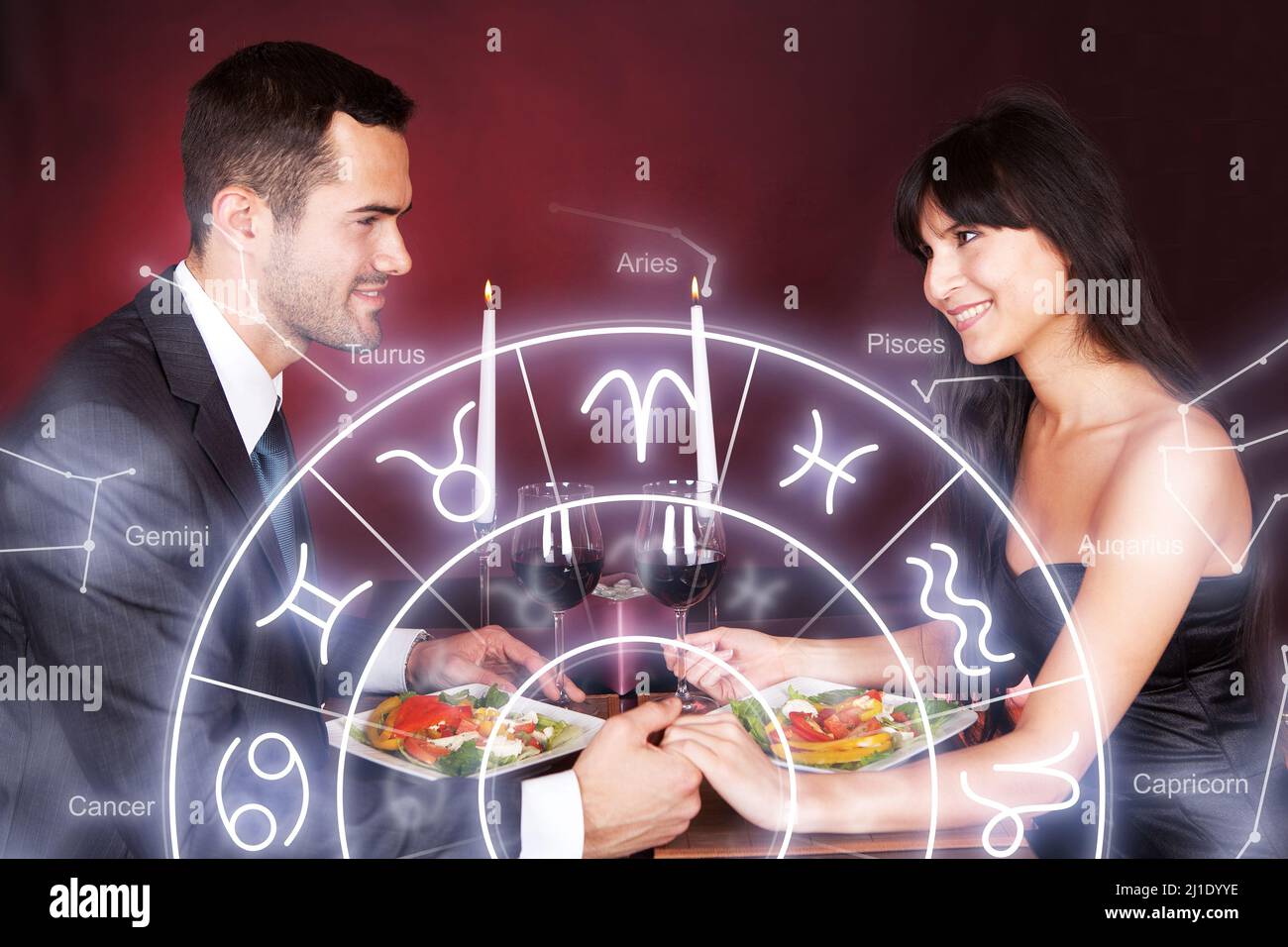 Astralhoroskop Und Sternzeichen Astrologie Diagramm. Romantisches Paar Stockfoto