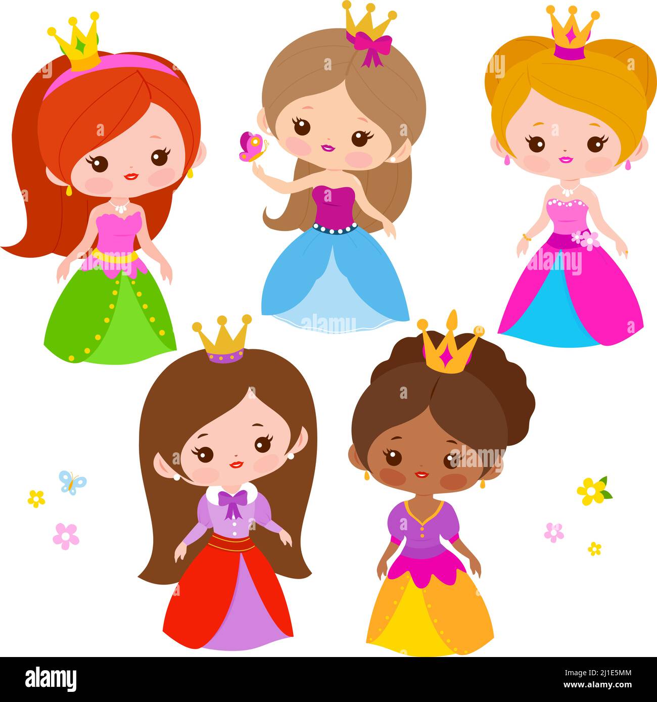 Schöne Prinzessinnen mit hübschen Kleidern. Vektorgrafik Stock Vektor