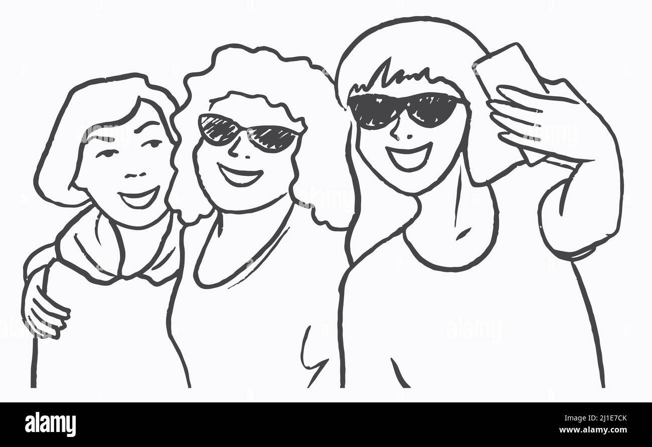 Sketch Gruppe von drei Freundinnen, die ein Selfie machen. Doodle-Vektor-Illustration Stock Vektor