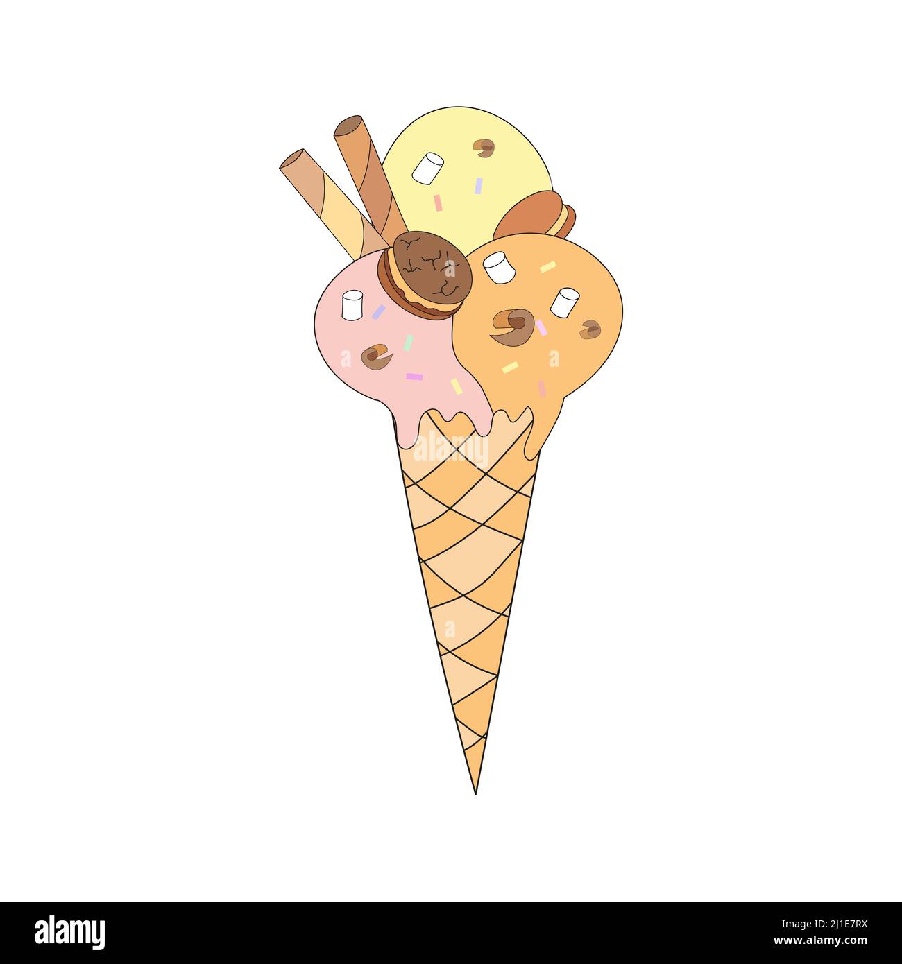 Eiskonus mit Choco-Chip-Cookies, Waffelrollen und Marschwalbe. Vektorgrafik im Doodle-Stil. Stock Vektor