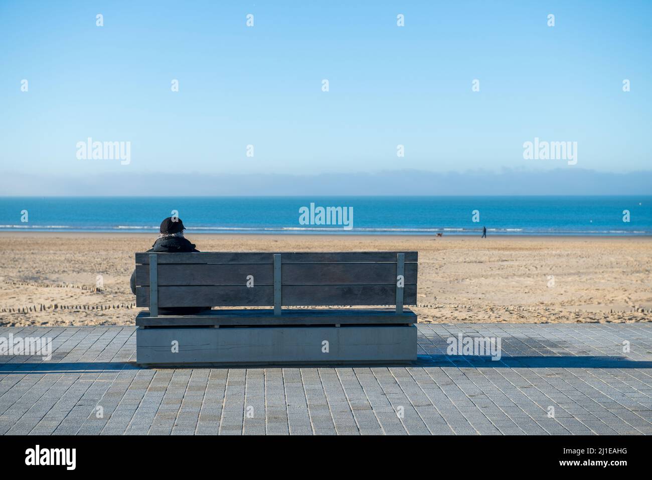 Pensionierter Mann, der auf einer Bank auf das Meer blickt Stockfoto