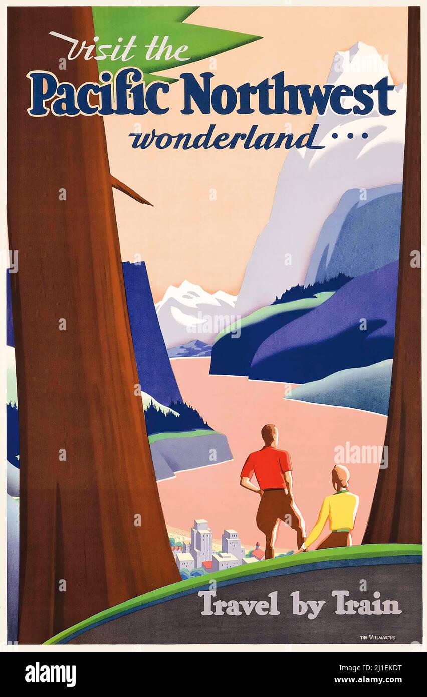 Vintage Reise Poster - die Willmarths (Kenneth & William) BESUCHEN DAS PACIFIC NORTHWEST WONDERLAND c 1930 Reisen Sie mit dem Zug. Stockfoto