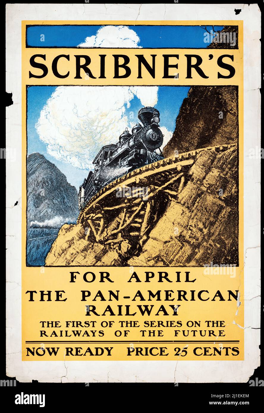 Vintage-Reiseplakat - Scribner's für April - die Panamerikanische Eisenbahn, 1898. Eisenbahnplakat. Stockfoto