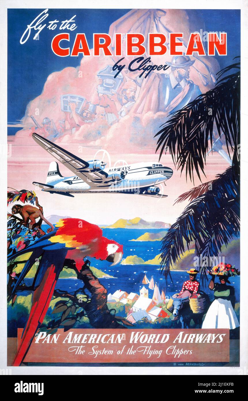 Fliegen Sie mit Clipper in die Karibik. Pan American World Airways / Mark von Arenburg. Ca 1940. Stockfoto